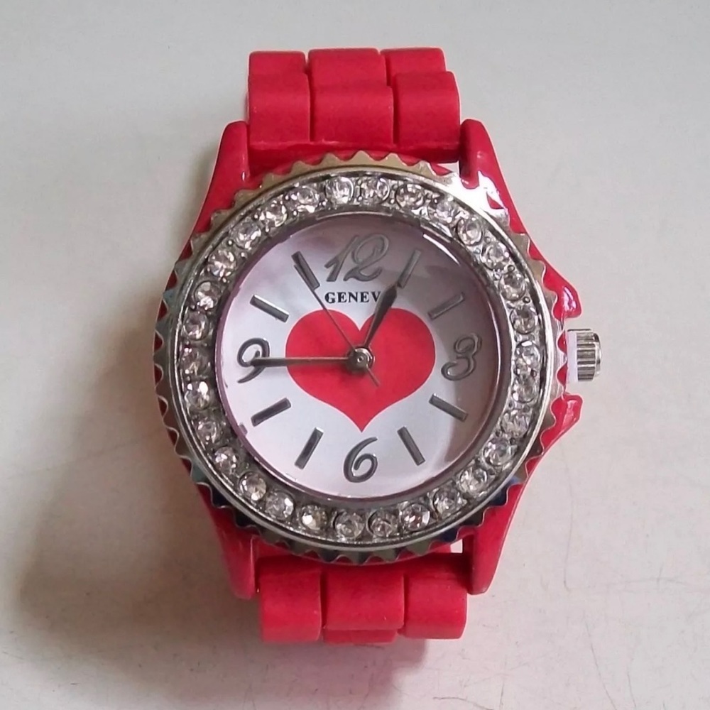 Girl’s Rhinestone Red Silicone Band Heart Fashion Fun Watch